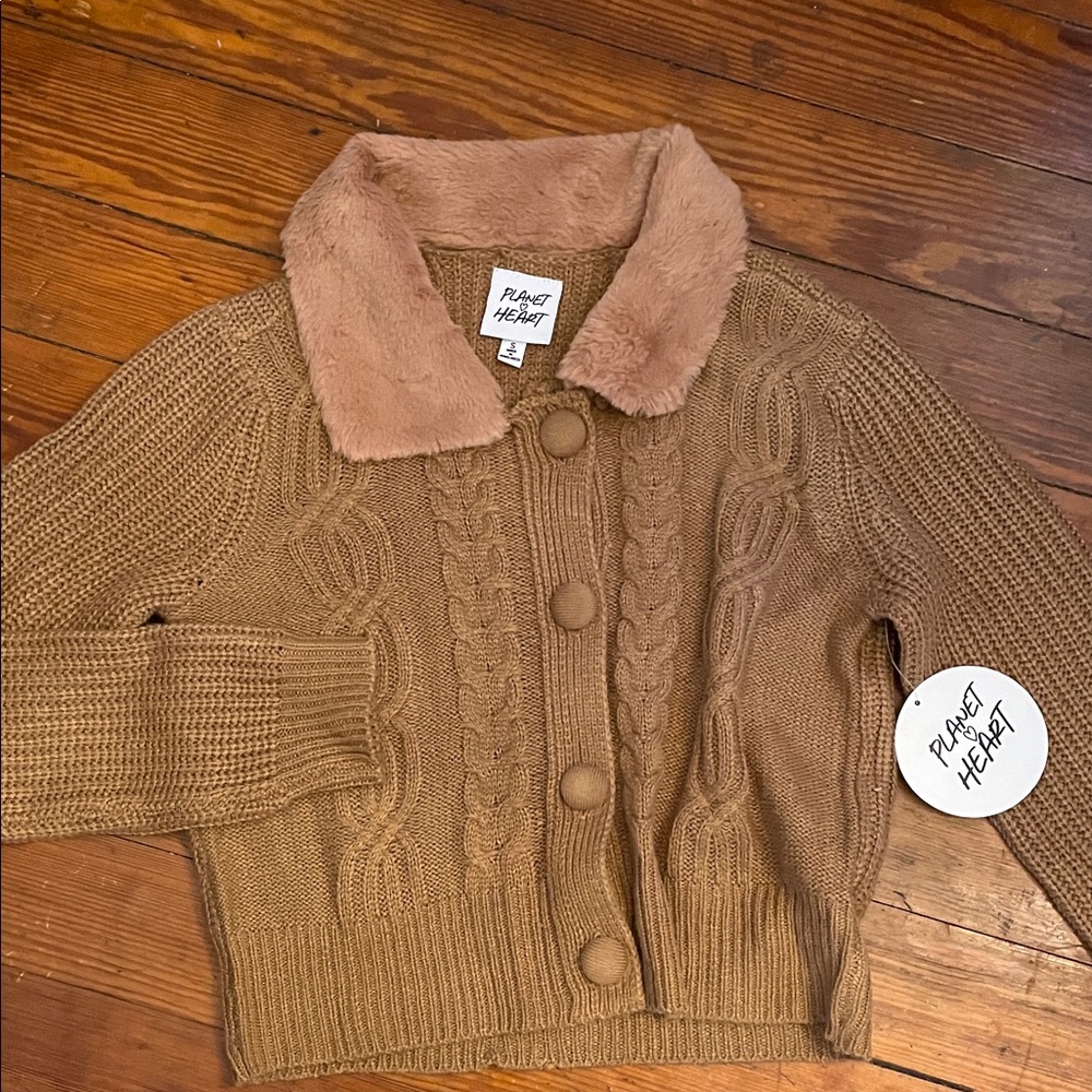Crop Cable Knit Cardigan with Detachable Faux Fur Collar - Picture 8 of 9